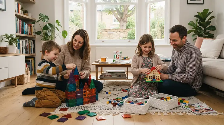 Flatlay of colourful magnetic tiles and classic LEGO bricks arranged side by side on a wooden table to compare creative play options for children. magnetic tiles vs LEGO for creative play