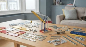 A classic Meccano metal construction set laid out on a table, representing a traditional engineering hobby for British teenagers.