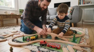 Parent and child playing together, constructing a circular railway layout with a magnetic train set.