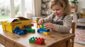 A parent and toddler playing together, building a house using a beginner-friendly LEGO Classic set for toddlers.