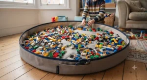 A portable 2-in-1 play mat and toy storage bag unrolled on a wooden floor, keeping small construction pieces contained during play.