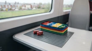 Foldable fabric play mat and container designed for building models safely on trains and planes.