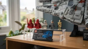 Rare LEGO Star Wars collector minifigures arranged neatly on an acrylic display stand.