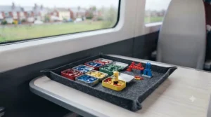 Activity set featuring interlocking bricks laid out on a tray table during a car journey.