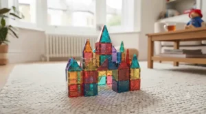 Close-up of certified non-toxic magnetic tiles designed with safety in mind for toddlers.