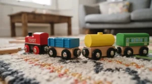 Safe, chunky wooden train carriages with secure internal magnets designed for small hands.