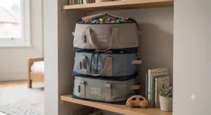 A selection of stylish, neutral-toned toy storage bags neatly arranged on a child's bedroom shelf to complement modern home decor.