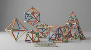 Diagram illustrating geometric shapes like cubes and pyramids built using a magnetic balls and rods set for maths and science learning.