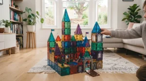 A complex architectural castle structure built from magnetic tiles, highlighting STEM learning and spatial awareness.
