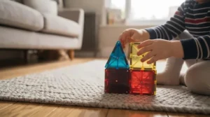 Early years toddler exploring colour mixing and simple 3D structures with translucent magnetic tiles near a window.
