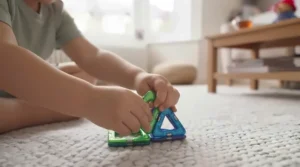 Young toddler developing fine motor skills by connecting magnetic play tiles on the floor.