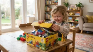 A young child opening a colourful LEGO Classic set for toddlers box in a bright British living room.