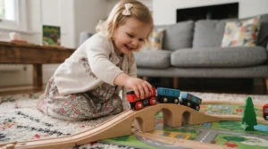 A happy three-year-old child pushing a magnetic toy train over a wooden bridge.