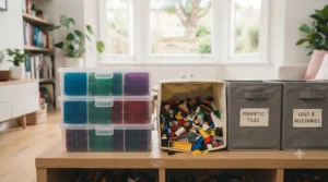 Labelled storage boxes and fabric baskets used to organise magnetic tiles and loose LEGO bricks in a British playroom.