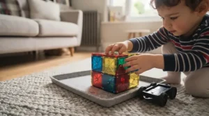 A toddler playing with a compact magnetic tile set on a small travel tray during a rainy day indoors.