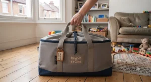 A travel-friendly toy brick storage bag equipped with sturdy carry handles, ideal for taking children's toys on family car journeys.