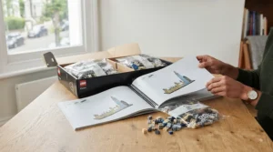 Unboxing a LEGO Architecture set for adults, showing the instruction booklet and numbered bags of bricks.