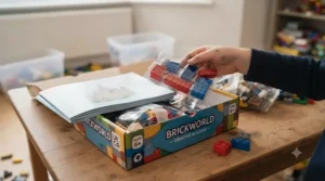 Unboxing a popular UK alternative building block set showing the packaging and instruction manual.