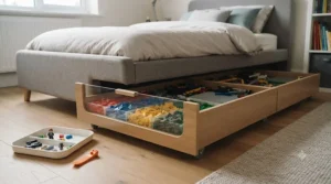 Low-profile wheeled drawers pulled out from under a single bed, filled with loose LEGO bricks.