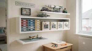 A modern child's bedroom wall fitted with floating shelves displaying completed LEGO sets and storage containers.