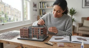 Adult hobbyist thoughtfully assembling an architectural model building set in a modern living room.