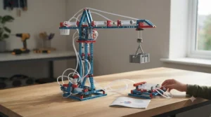 An intricate, completed crane model powered entirely by air pressure from a children's building kit.