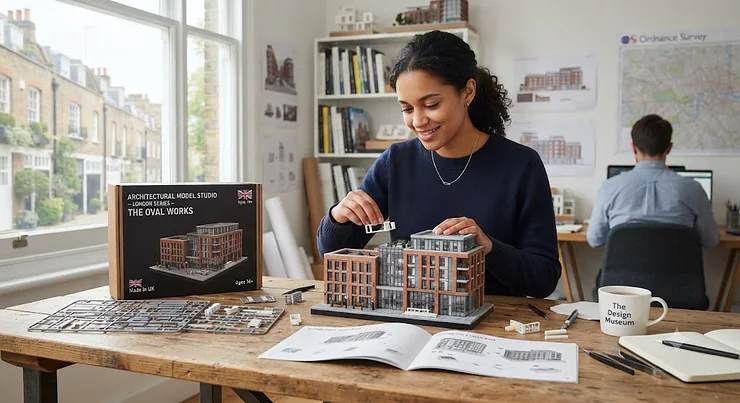 Architectural model building set displayed on a wooden desk, perfect for hobbyists and design enthusiasts. architectural model building set