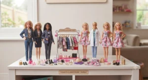 Collection of Barbie dolls and interchangeable fashion outfits highlighting creative roleplay and dress-up options[cite: 4]