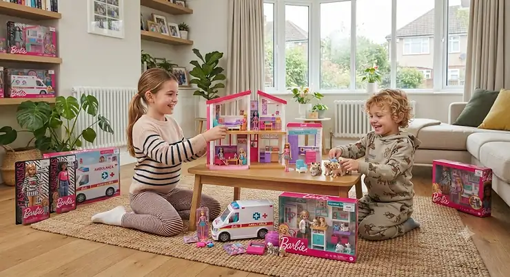 Colourful collection of popular Barbie doll sets and playsets for children playing at home, Barbie doll sets for kids
