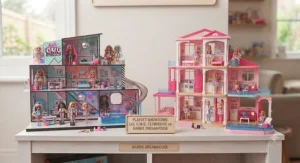 Large interactive doll playsets, featuring a modern Barbie dreamhouse compared to an LOL Surprise playset[cite: 8]