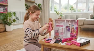 Child playing with a Barbie fashion designer doll set featuring miniature clothes and accessories[cite: 2]
