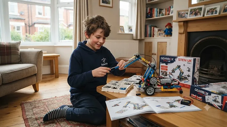 A 10-year-old child happily building a complex model with a top-rated engineering construction toy in a UK home engineering construction toy for a 10 year old