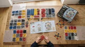 A flat lay showing various pieces and instruction booklets from a budget-friendly K'NEX building set for UK shoppers.