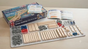 Unboxed bridge building STEM kit for kids displaying wooden beams, connectors, and instruction booklet.