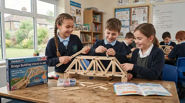 Children testing a bridge building STEM kit for kids, learning engineering principles with a colourful wooden suspension model. bridge building STEM kit for kids