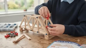 Close-up of a child assembling a truss bridge using pieces from a bridge building STEM kit for kids.