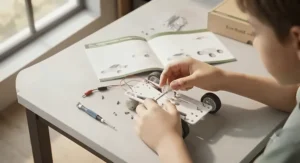 Close-up of hands assembling the chassis and wiring of a solar power building kit during a STEM learning activity.