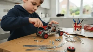 A young child assembling a beginner Meccano model using a small metal spanner and nuts and bolts.