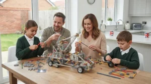 A happy British family collaborating together on a large weekend construction project using both building sets.