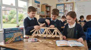Primary school pupils collaborating on a bridge building STEM kit for kids during a fun design and technology lesson.