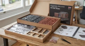 Components and laser-cut pieces laid out inside an architectural model building set box.