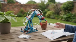 Kids collaborating outdoors to build an innovative pneumatic model on a garden table.