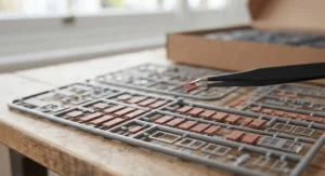 Close-up of precision-engineered miniature bricks and structural parts from an architectural model building set.