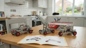 Three simple models built using an entry-level Meccano set, including a small crane, a car, and a windmill.
