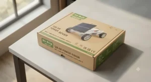 Sustainable, recyclable packaging box for an educational solar power building kit featuring clear British safety and age-rating icons.