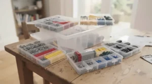 Storage tubs and sorted pieces of a classic K'NEX building kit on a wooden table.