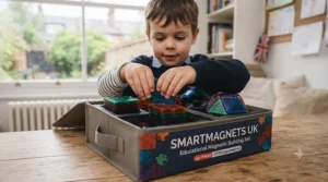 Primary school pupils collaborating on a collaborative structure using an educational magnetic building set during a classroom lesson.