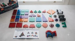 Flat lay overview showing the complete contents and variety of pieces included in a standard educational magnetic building set.