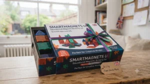 High-angle shot of large, durable pieces from an educational magnetic building set designed with child safety and UK toy standards in mind.