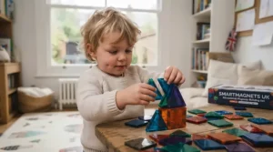 An educational magnetic building set packed neatly inside its durable storage box alongside completed magnetic toy models.
